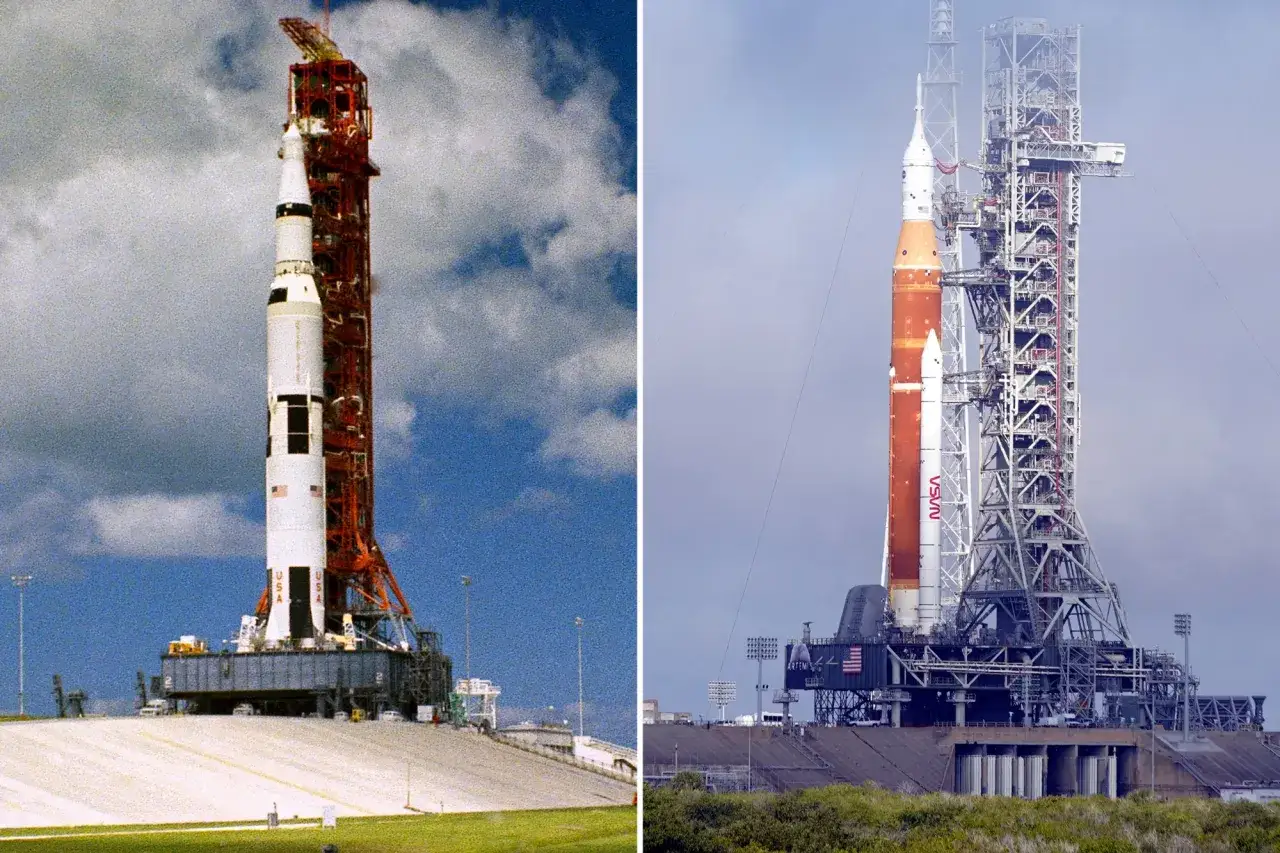 Por&oacute;wnanie rakiet: historyczny Saturn V z programu Apollo i nowoczesna rakieta NASA.