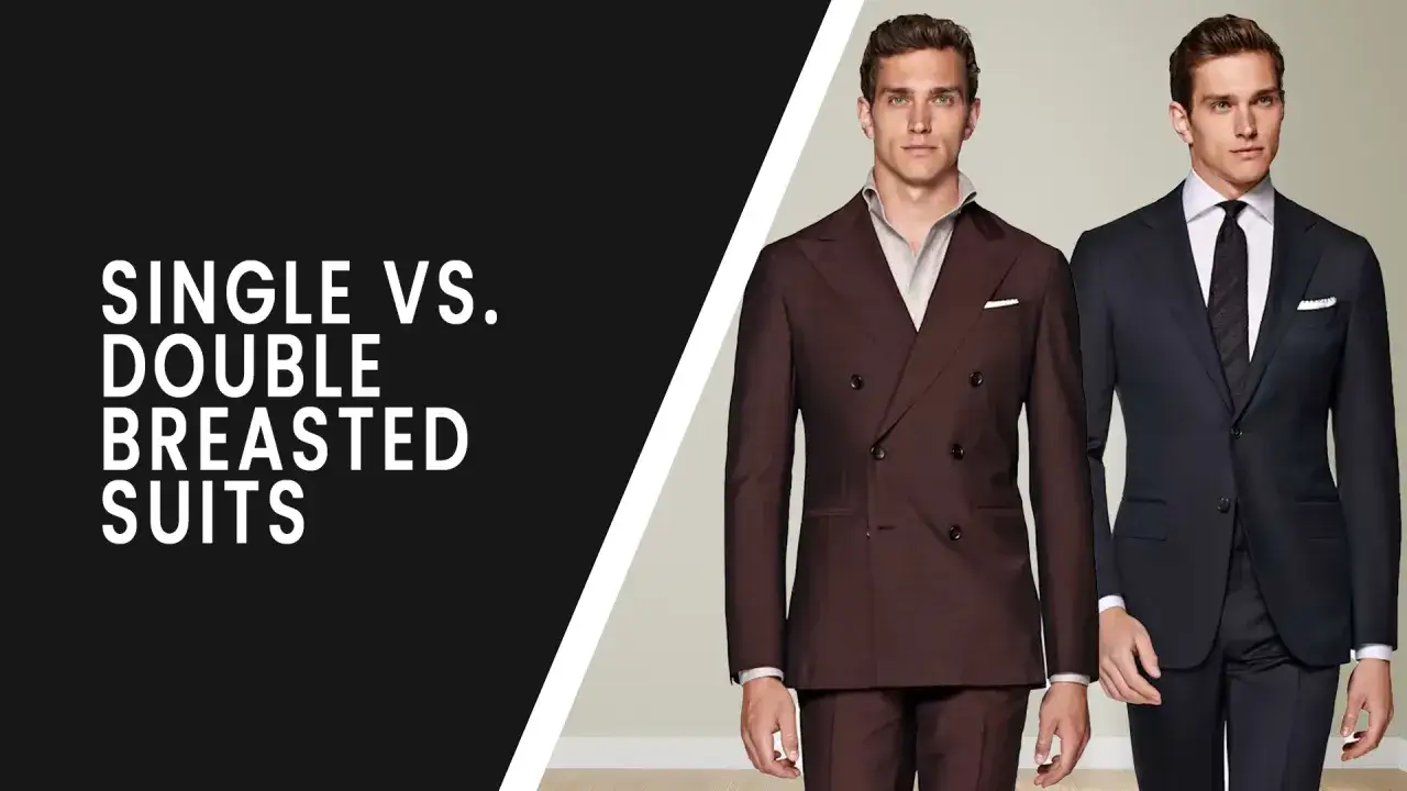 Two men model suits. One wears a brown double-breasted suit, the other a navy single-breasted suit.