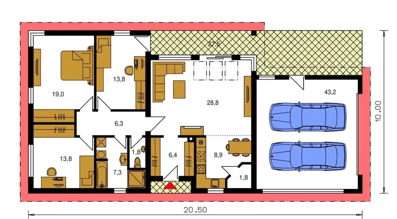 Planimetria con due auto nel garage. Le dimensioni del garage doppio sono indicate da 43,2 m².