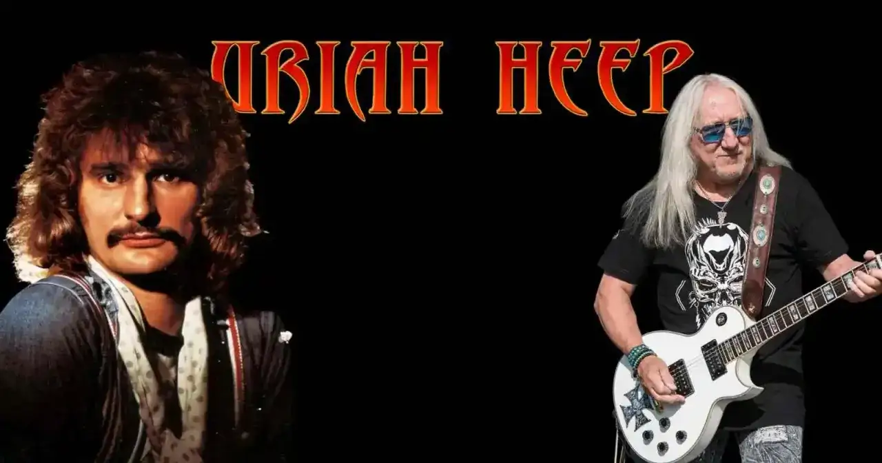 Uriah Heep członkowie: młody muzyk z burzą loków i wąsami obok starszego gitarzysty z długimi siwymi włosami.