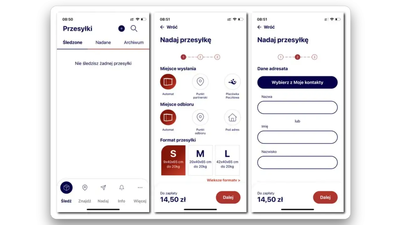 Aplikacja mobilna do nadania paczki Pocztex. Wyb&oacute;r miejsca wysyłki, odbioru i formatu.