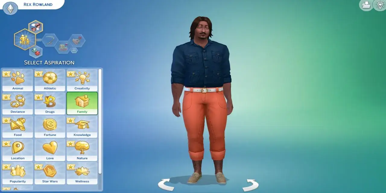 Sims 4 aspiracje: Rex Rowland wybiera ścieżkę Rodziny, marząc o wielkim domu i gromadce dzieci.