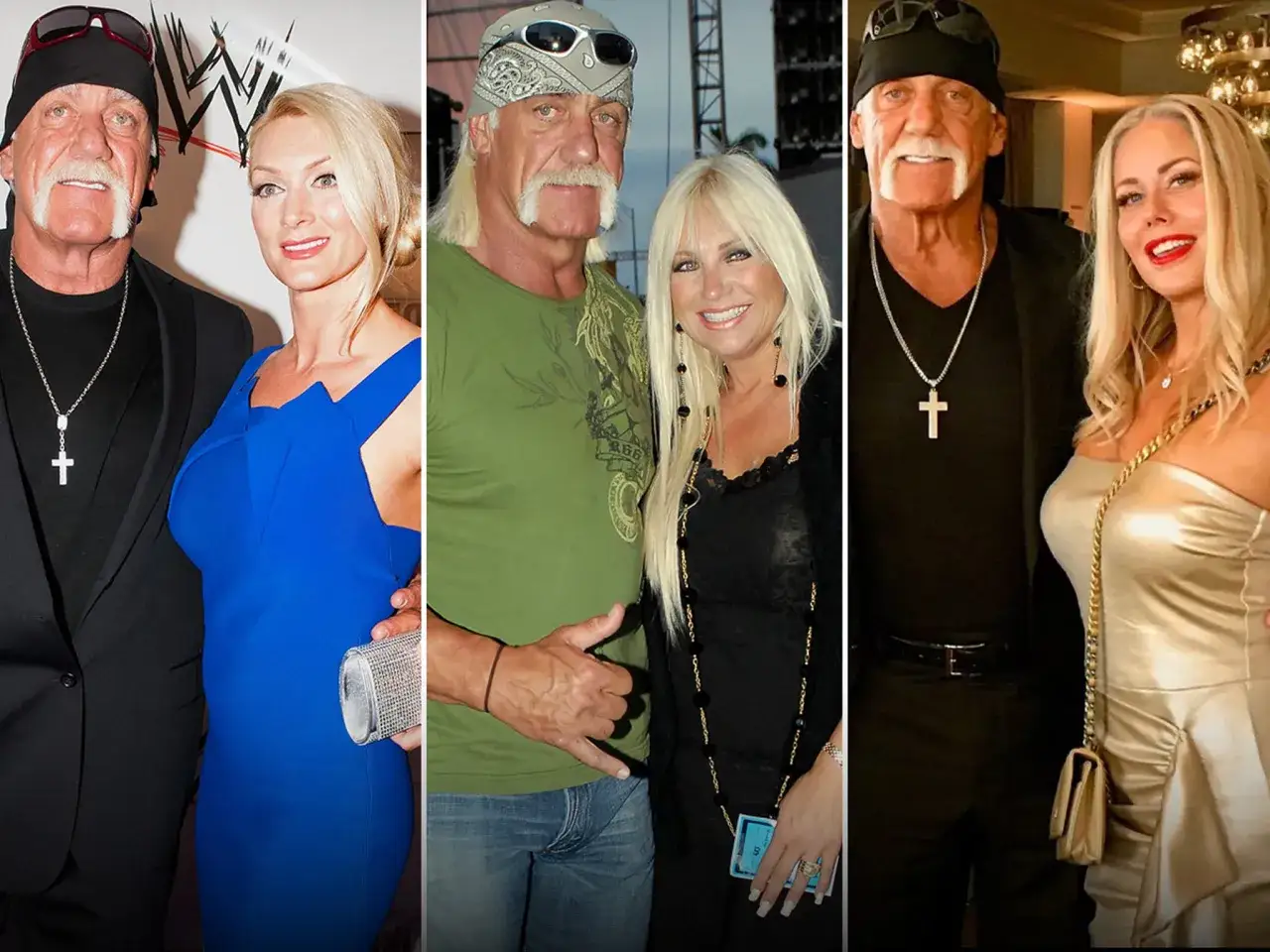 Hulk Hogan z żonami w różnych stylizacjach. Widać jego charakterystyczny wąs i naszyjnik z krzyżem.