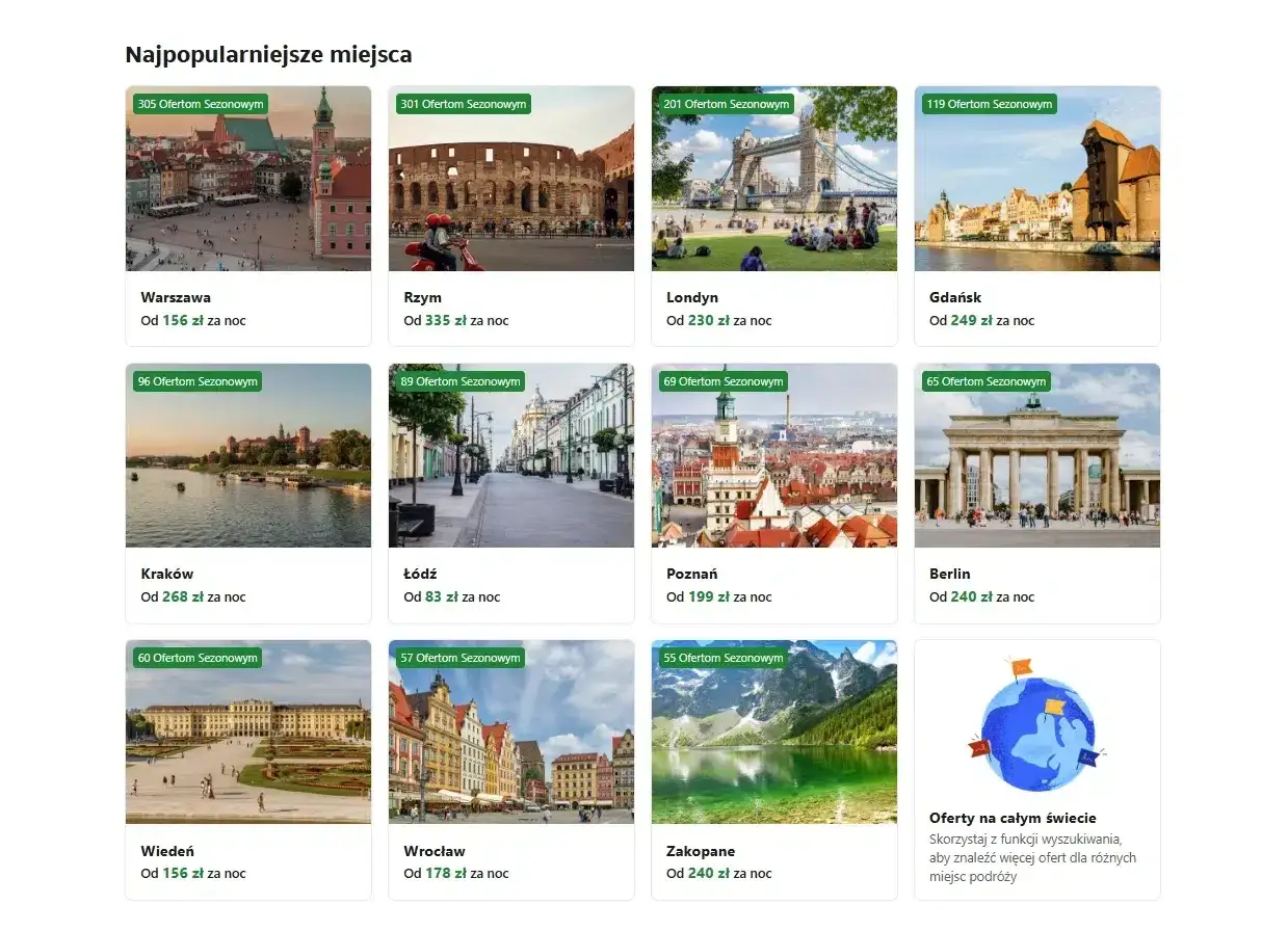 Odkryj popularne miejsca i skorzystaj ze zniżek na booking! Warszawa, Rzym, Londyn, Gdańsk, Kraków, Łódź, Poznań, Berlin, Wiedeń, Wrocław, Zakopane.
