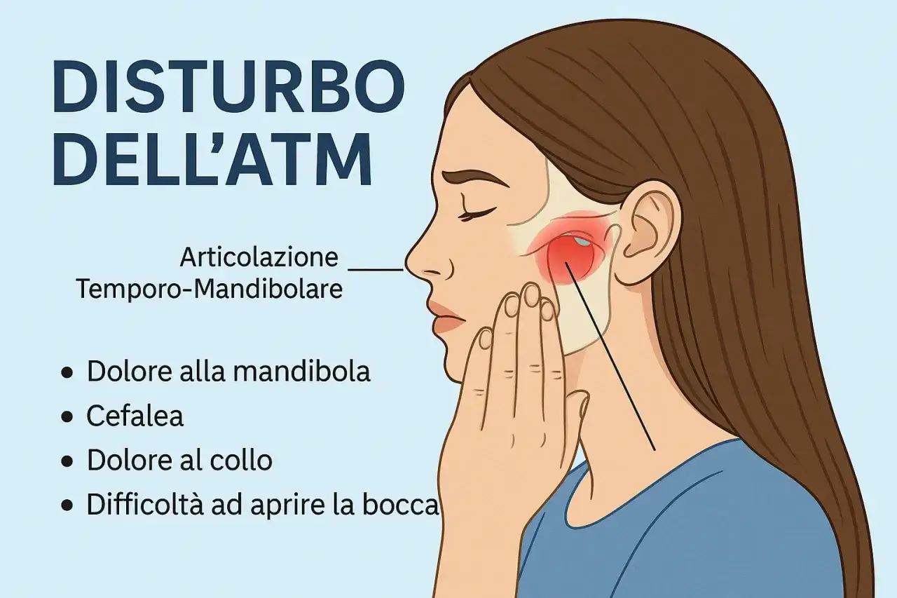 Illustrazione di un disturbo dell'ATM con focus sul dolore alla mandibola, mal di testa e difficoltà ad aprire la bocca.