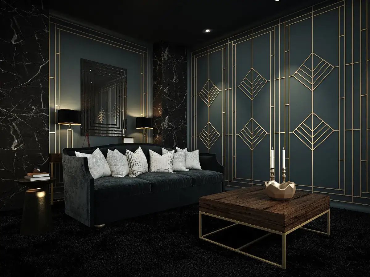 Elegancja w stylu art déco: ciemna sofa, geometryczne zdobienia ścian i luksusowe materiały tworzą wyrafinowane wnętrze.