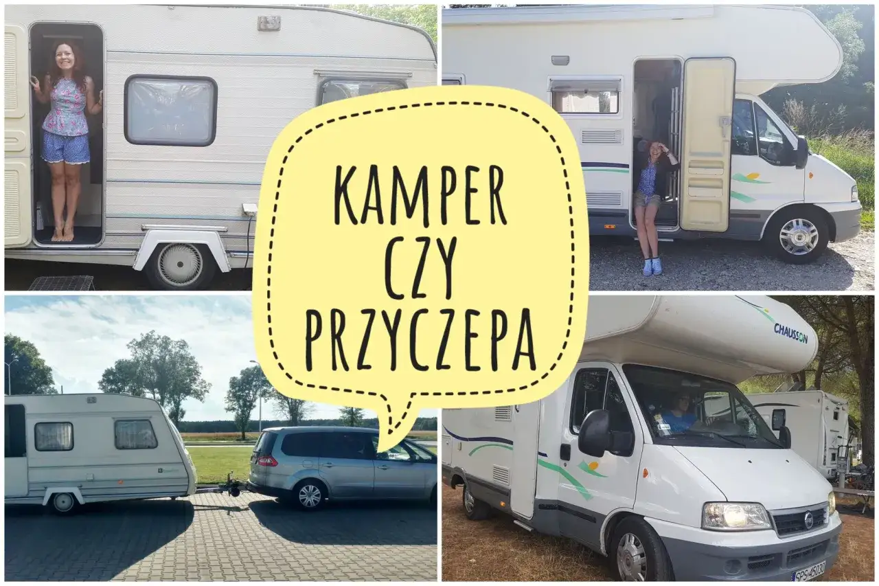 Kobieta pozuje przy przyczepie kempingowej i kamperze. Które wybrać na wakacje?