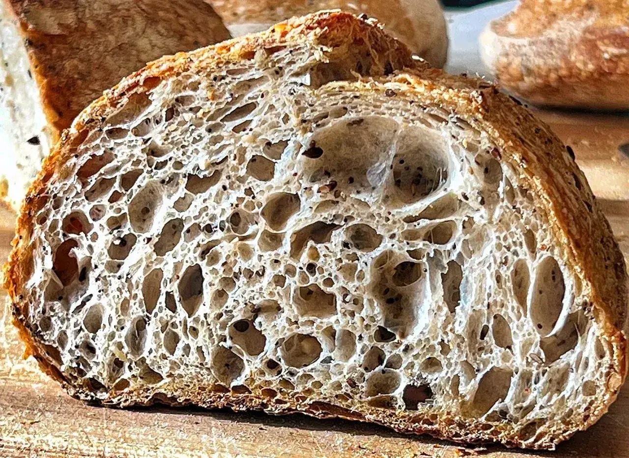 Fetta di pane con lievito madre, alveolatura pronunciata e semi sparsi. Crosta dorata e friabile.