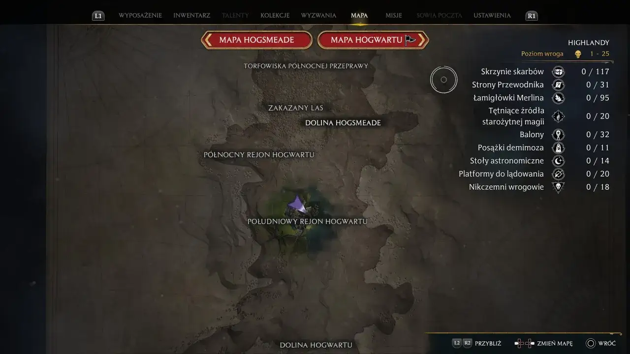 Mapa Hogwartu z gry Dziedzictwo Hogwartu. Widok na północny i południowy region Hogwartu, z zaznaczonymi obszarami jak Zakazany Las. Poradnik do gry.