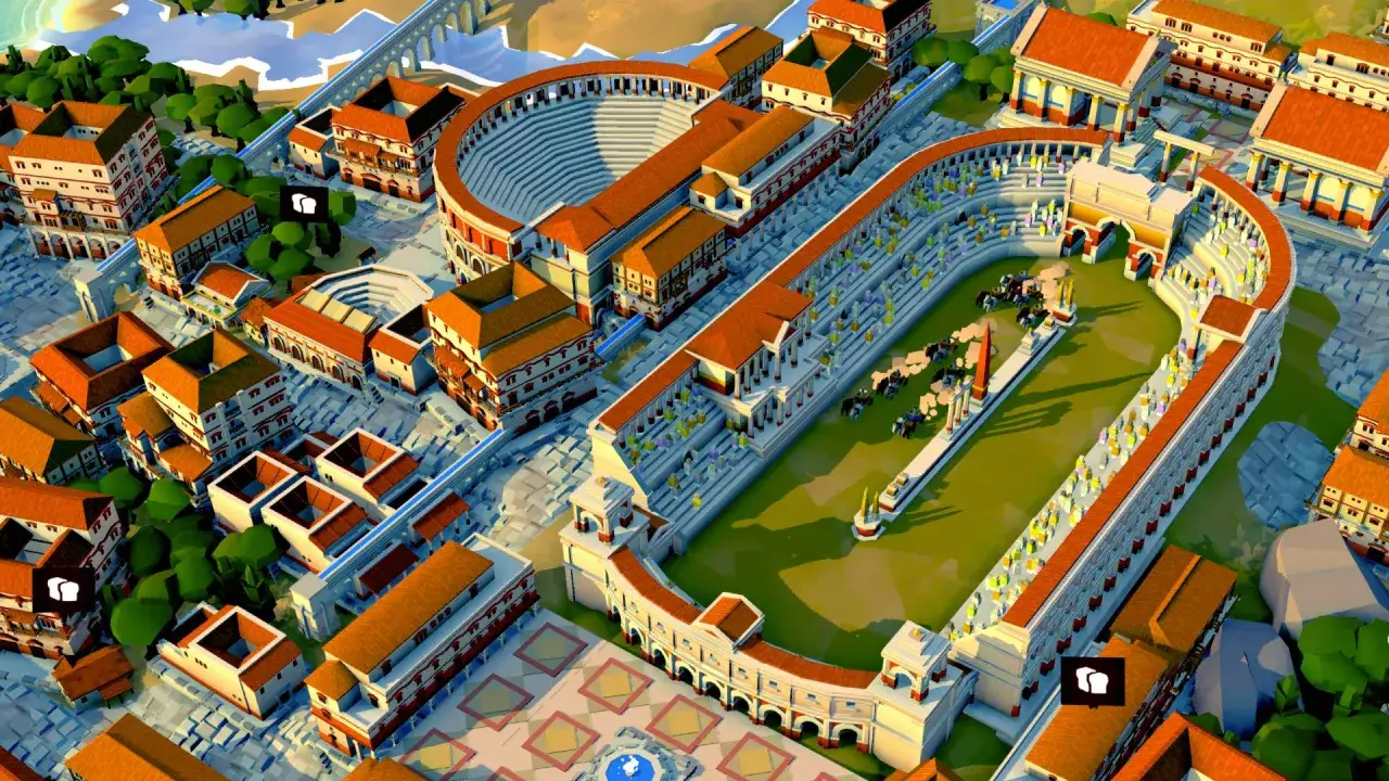 Vista aérea de una ciudad romana con un coliseo y edificios circundantes. Carros compiten en la arena, anno 117 pax romana.