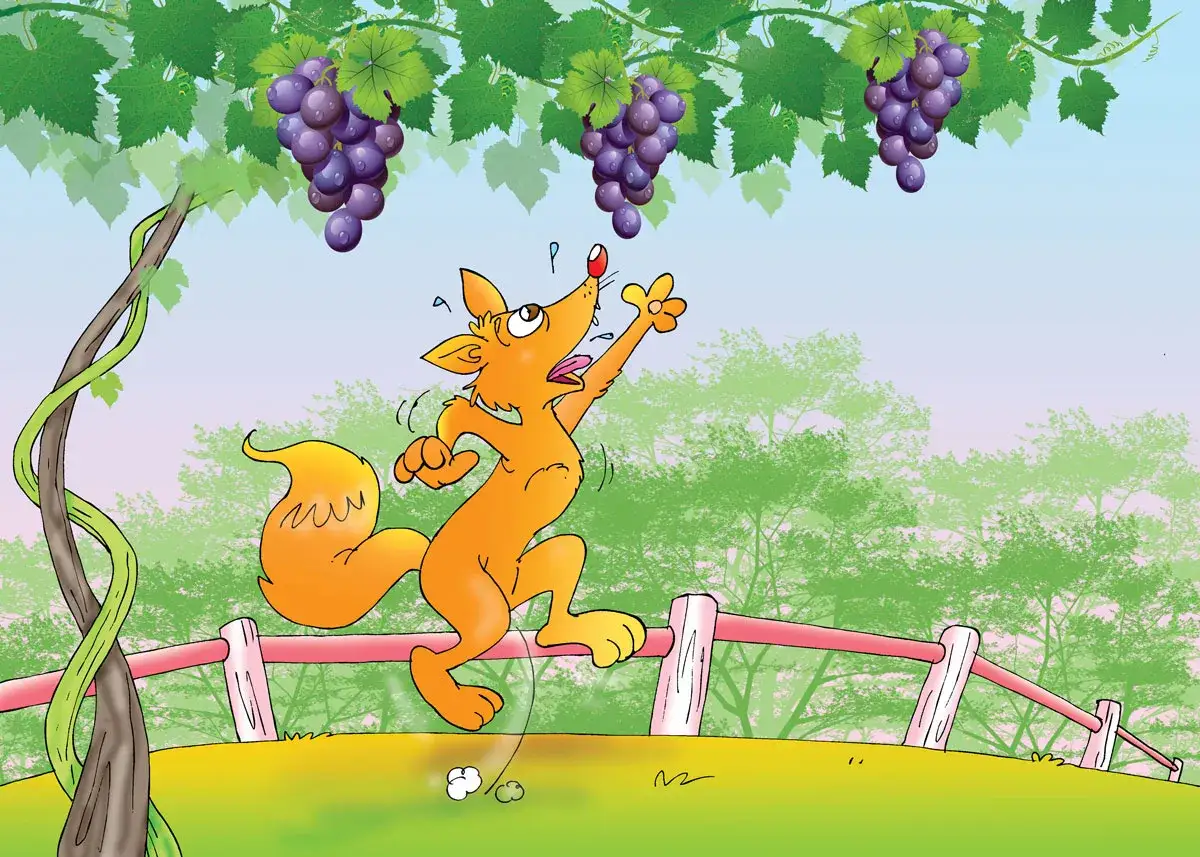 La zorra intenta alcanzar las uvas, pero est&aacute;n demasiado altas.