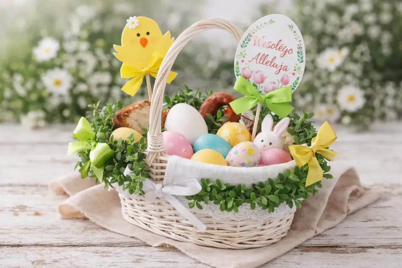 Inspiracja, jak przystroić koszyczek wielkanocny: pisanki, babka, kiełbasa i uroczy zajączek w wiklinowym koszu, ozdobionym zielenią i wstążkami.