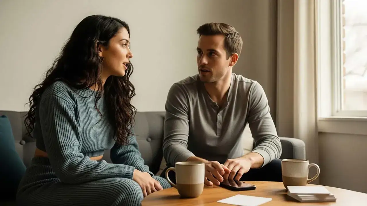 Ein Paar im Gespräch, das die Tiefe ihrer partner beziehung zeigt. Sie sitzen auf einem Sofa, Tassen Kaffee auf dem Tisch.