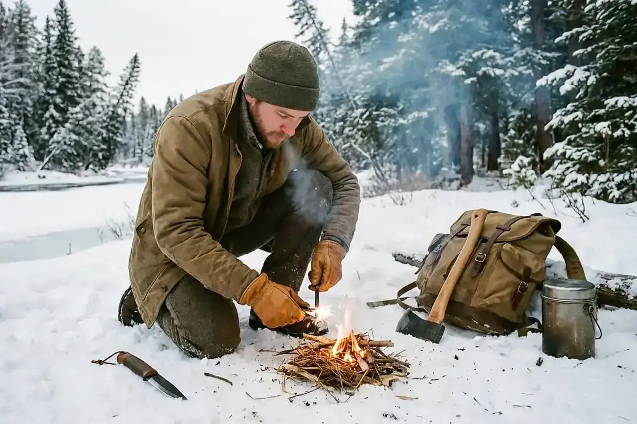 Mężczyzna w zimowym lesie roznieca ogień, pokazując, czym jest bushcraft. Obok plecak, siekiera i nóż.