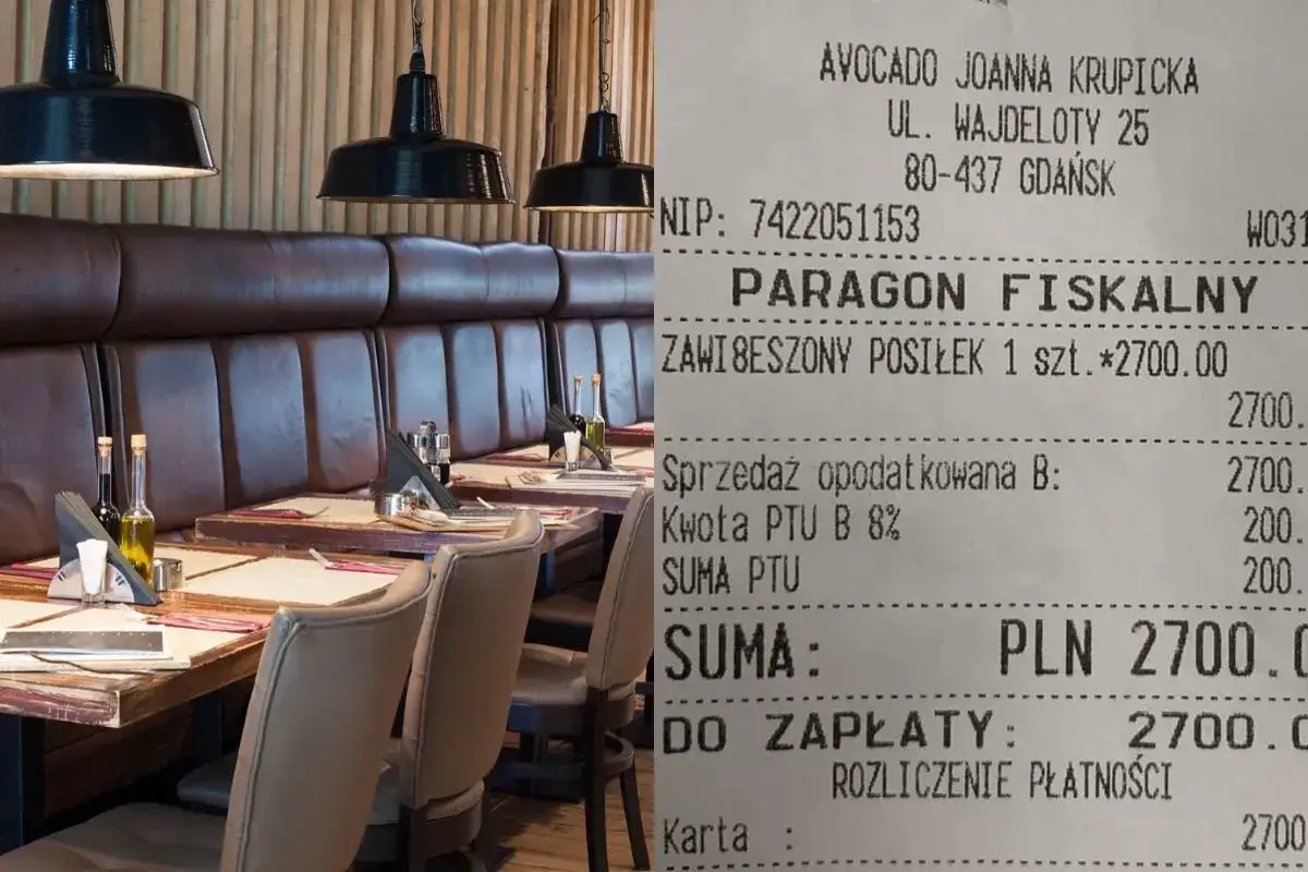 Paragon fiskalny z restauracji Avocado w Gdańsku. Całkowita kwota za posiłek to 2700 zł, w tym vat na jedzenie.