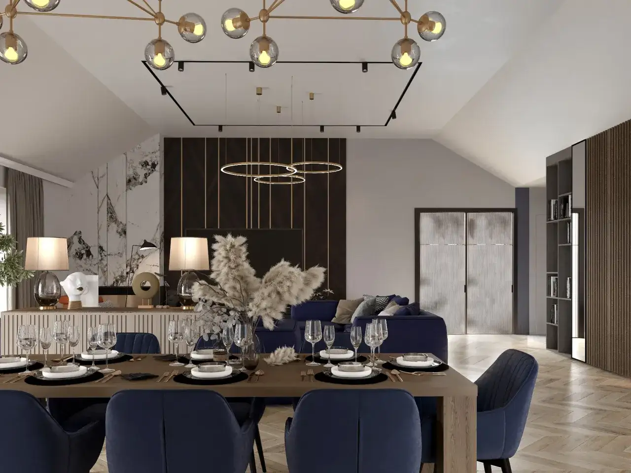 Nowoczesny salon z aneksem kuchennym 30m2 projekt. Elegancka jadalnia z granatowymi krzesłami i dużą lampą.