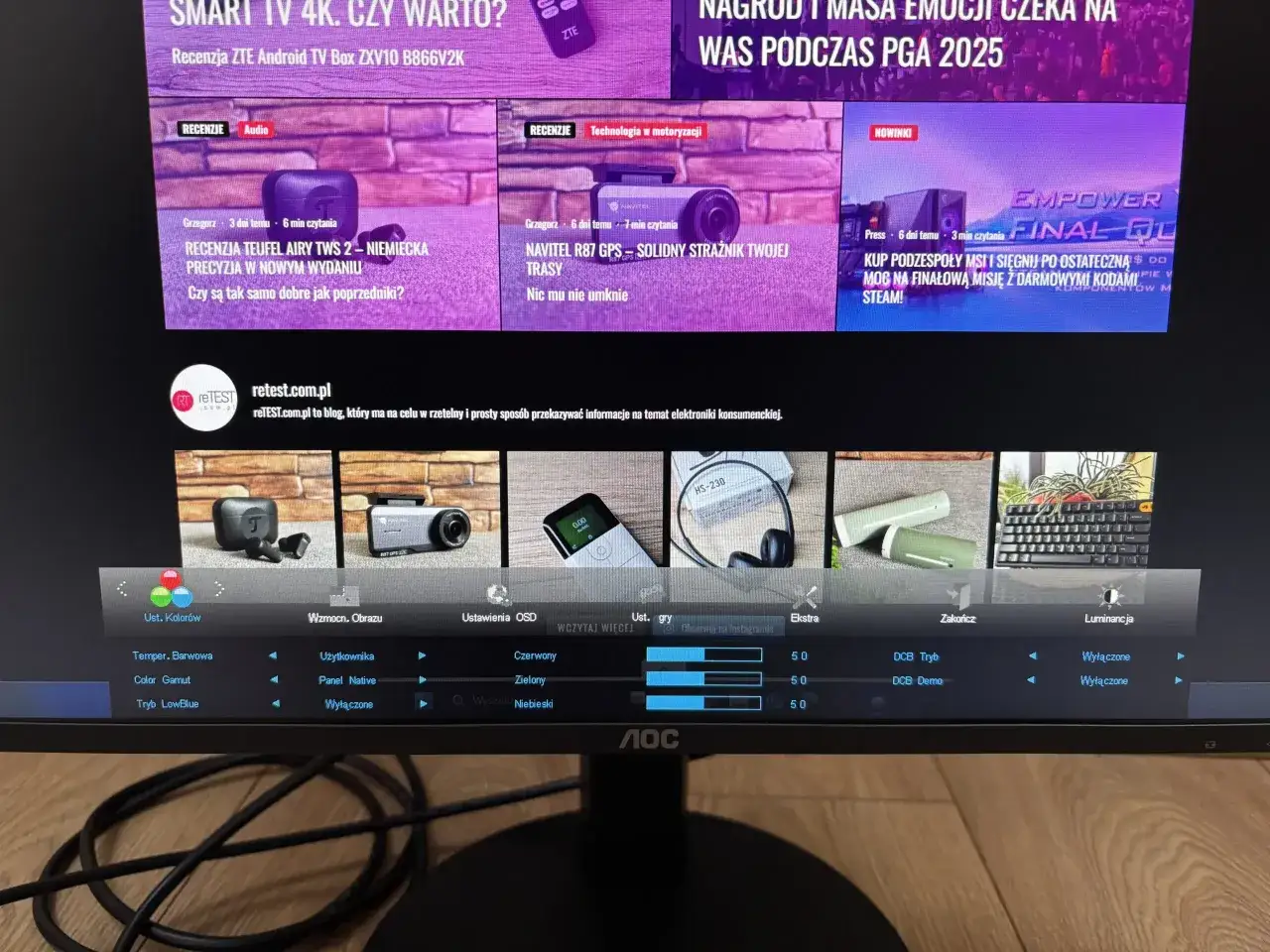 Menu OSD monitora z opcjami Ustawienia OSD, kolorami RGB i ustawieniami obrazu.