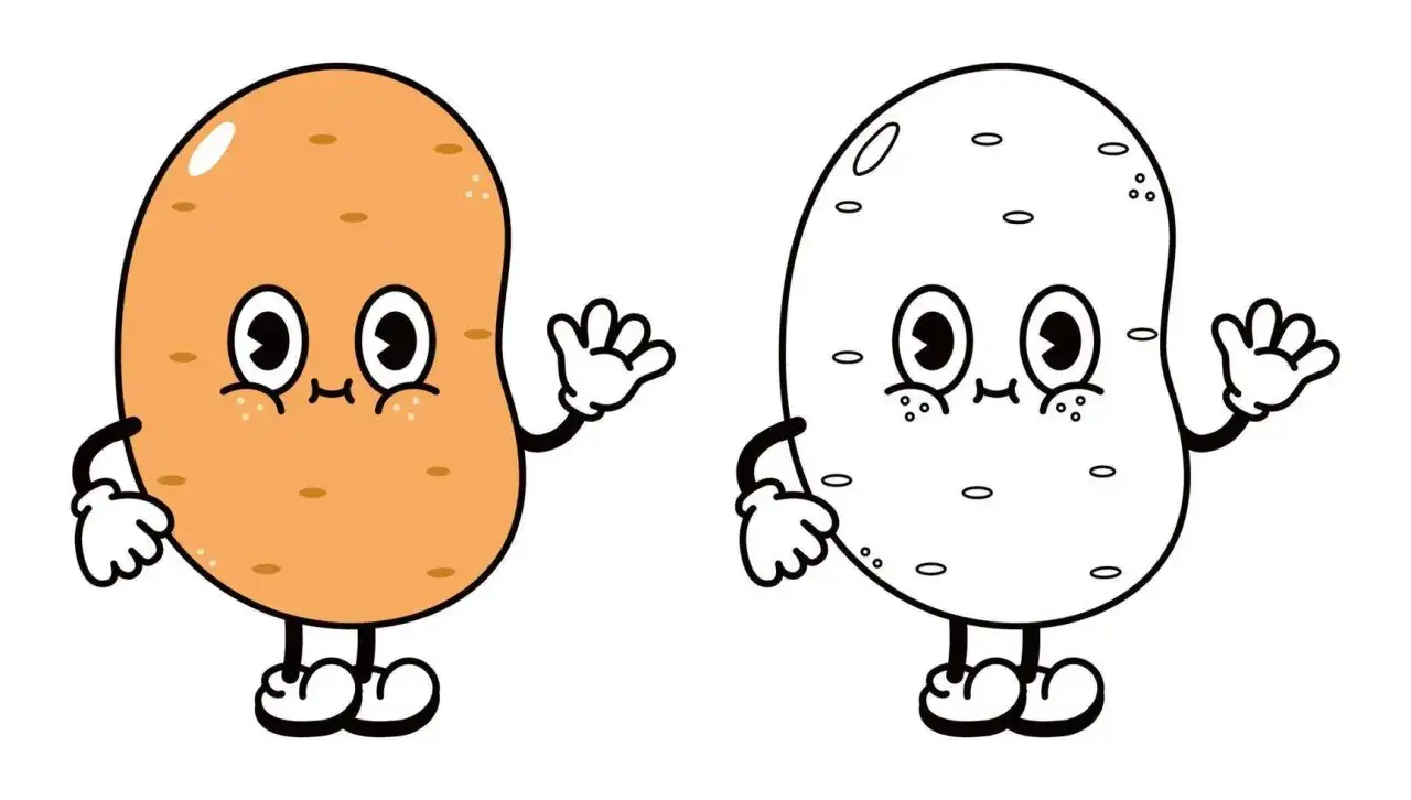 Dos patatas para colorear, una naranja y otra en blanco y negro, ambas con brazos, piernas y ojos grandes.