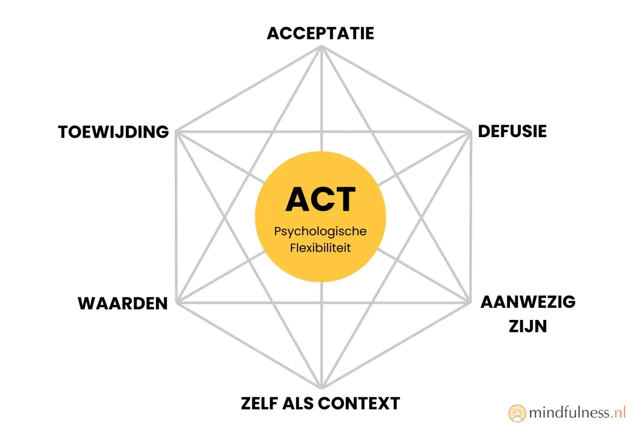 Het ACT-model voor psychologische flexibiliteit, met Gijs Jansen als inspiratiebron, toont zes kerncomponenten: Acceptatie, Defusie, Aanwezig Zijn, Zelf als Context, Waarden en Toewijding.