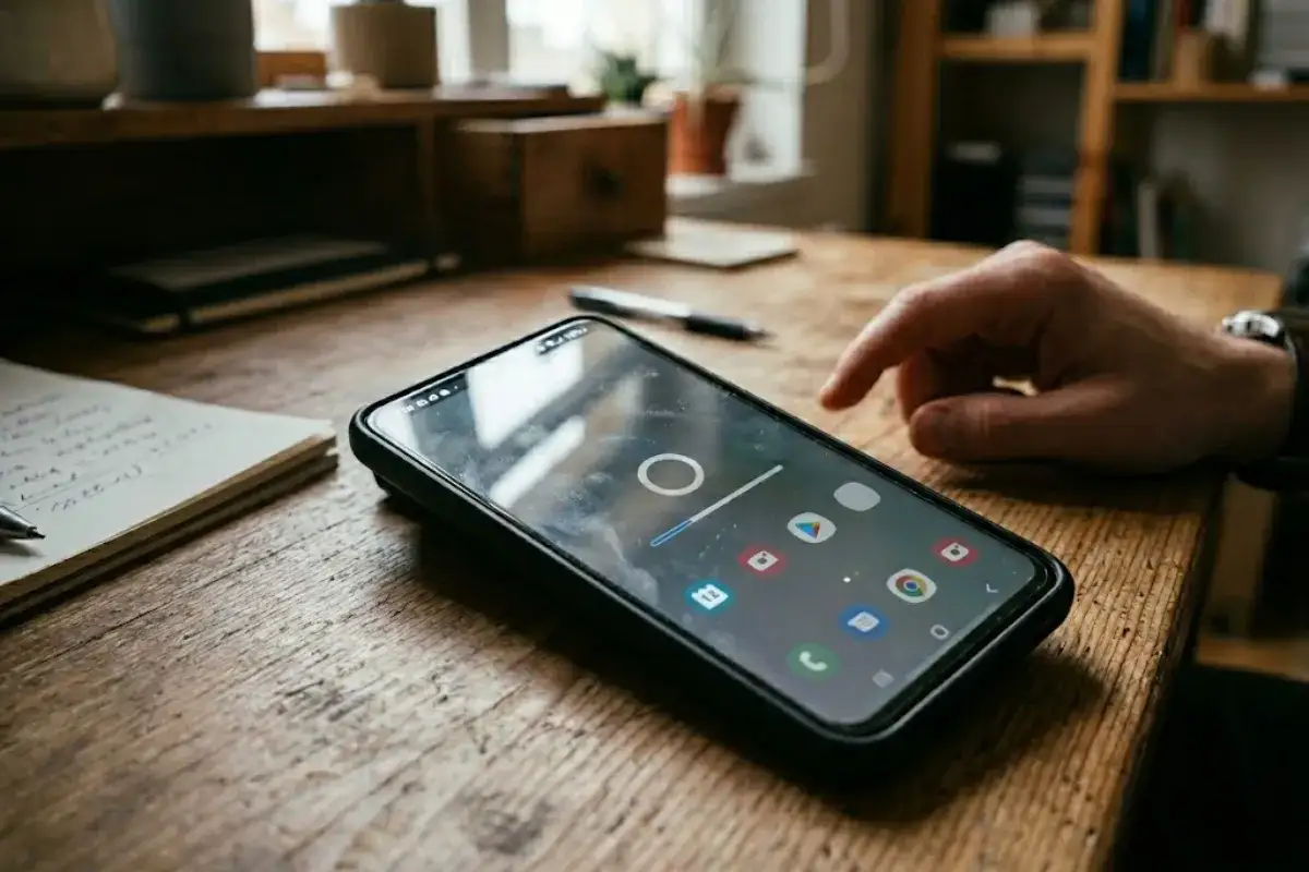 En hand pekar p&aring; en smartphone p&aring; ett tr&auml;bord. En anteckningsbok och penna ligger bredvid. Dags att optimera telefonen f&ouml;r produktivitet.