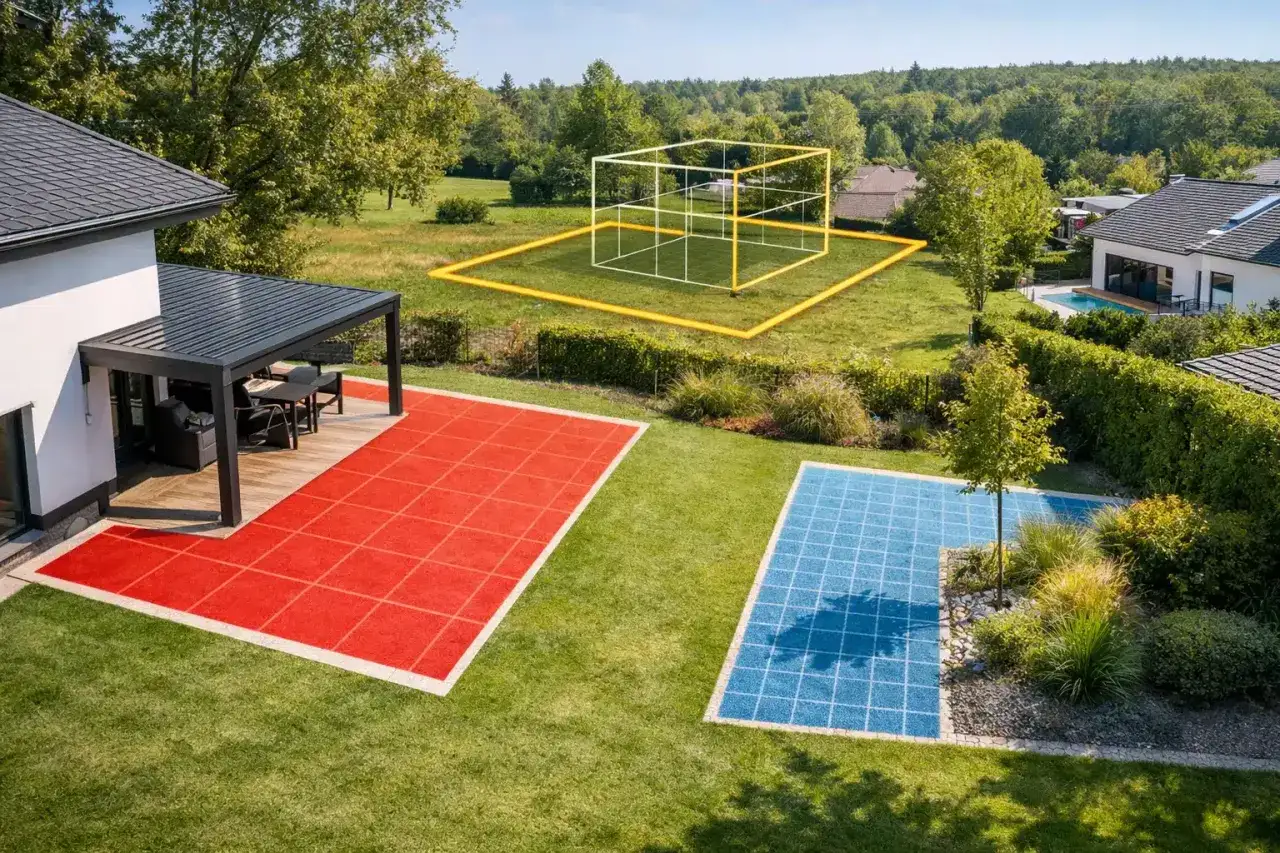 Vue aérienne d'un jardin avec une pergola moderne. L'emprise au sol de la pergola est clairement délimitée par des zones colorées et un cube virtuel.