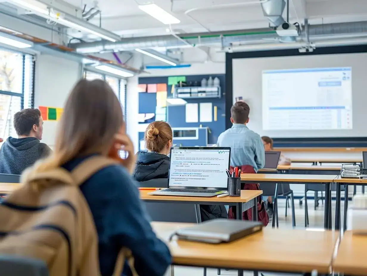 Elever i klassrummet f&ouml;ljer en presentation om ai i skolan. En elev har en laptop &ouml;ppen.
