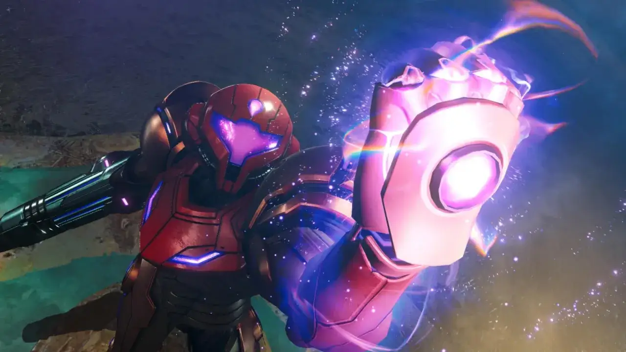 Samus Aran in ihrem roten Anzug feuert eine Energieattacke ab, bereit für Metroid 4.