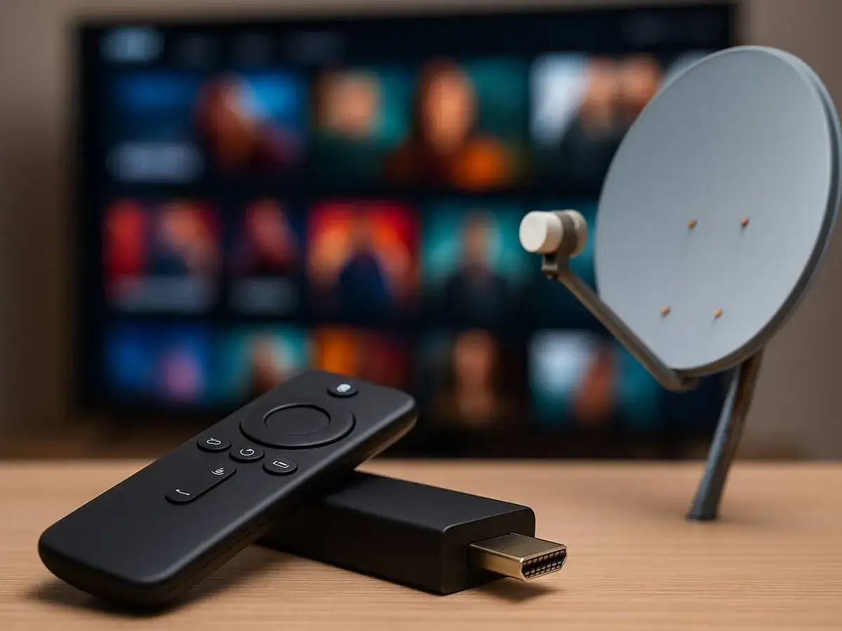 Fernsehen ohne Anschluss und ohne Internet: Satellitenschüssel, Streaming-Stick und Fernbedienung vor unscharfem Bildschirm.