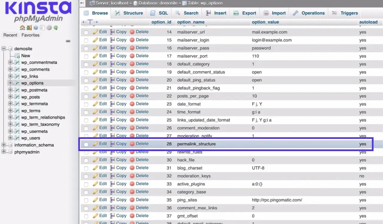 Dans phpMyAdmin, la table wp_options montre la ligne 