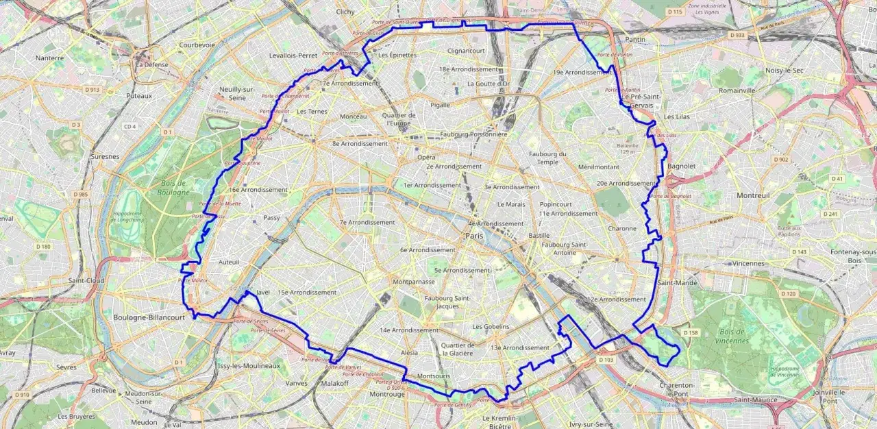 Carte de Paris délimitant un périmètre bleu, incluant le Bois de Boulogne et le Bois de Vincennes. La zone gr 75 est bien visible.