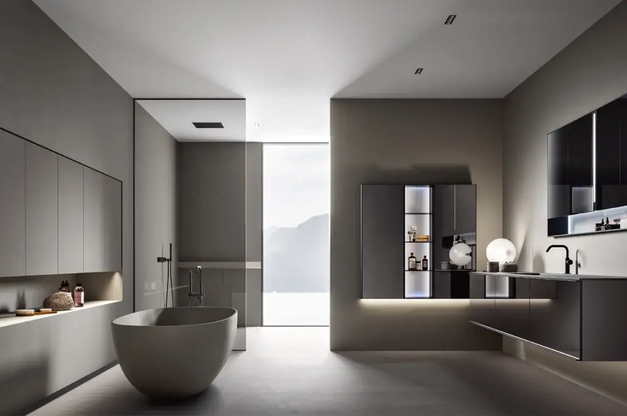 Bagno moderno con vasca da bagno freestanding e armadi a muro. La vasca da bagno glass &egrave; il fulcro, circondata da un design minimalista.