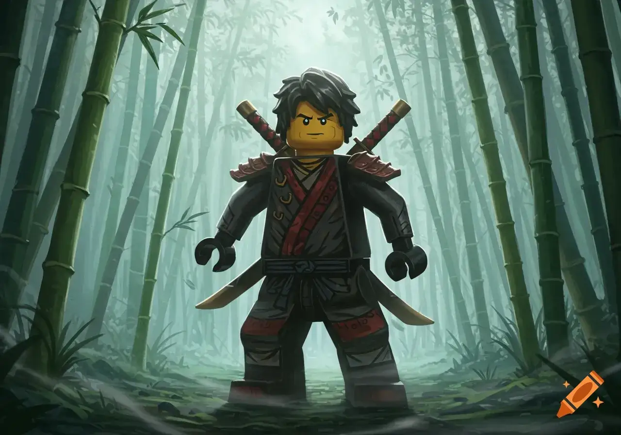 Ein Ninjago Charakter steht entschlossen in einem nebligen Bambuswald. Seine Schwerter sind gezogen, bereit f&uuml;r den Kampf.