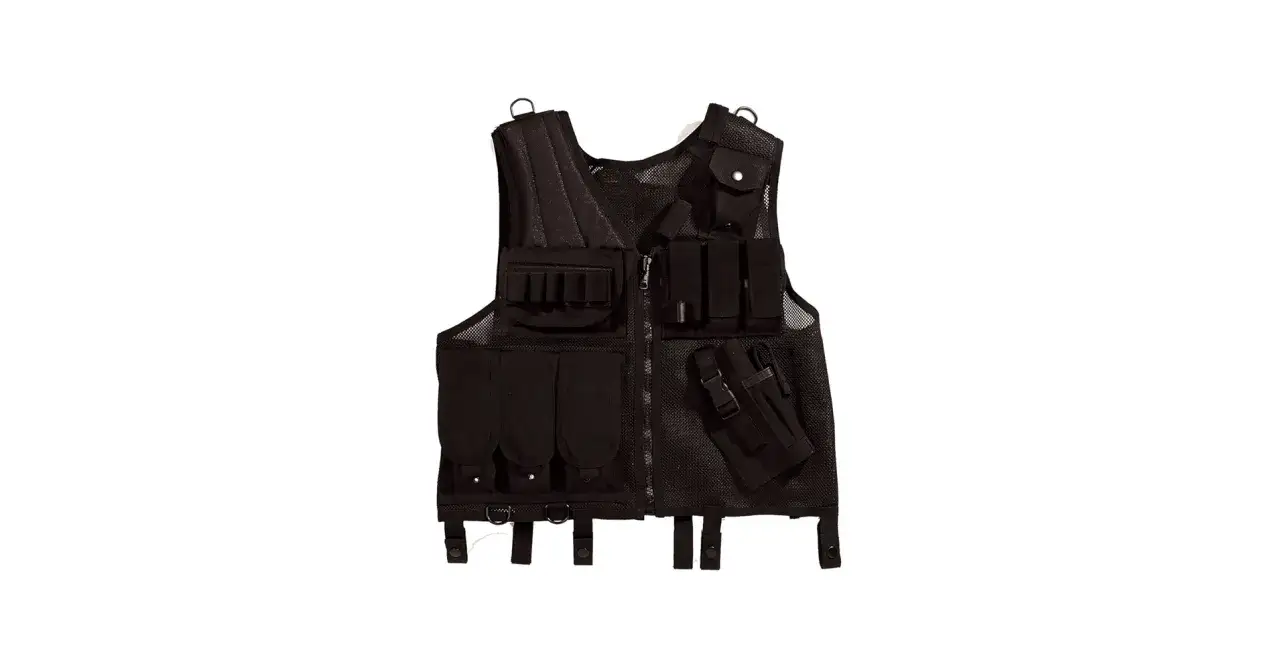 Chaleco t&aacute;ctico negro con m&uacute;ltiples bolsillos y compartimentos, ideal para equipamiento de seguridad o actividades al aire libre.