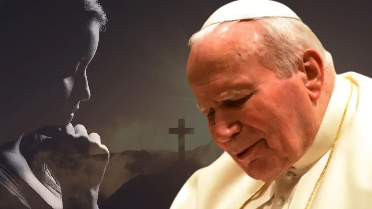 Modląca się kobieta i Jan Paweł II. Obraz symbolizuje litanię do Jana Pawła II o uzdrowienie.