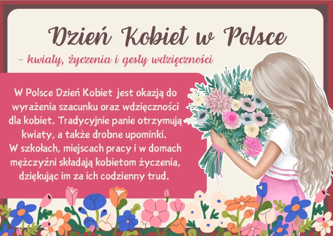 W Polsce Dzień Kobiet to czas kwiatów, życzeń i wdzięczności. Dziewczyna z bukietem symbolizuje ten piękny dzień.