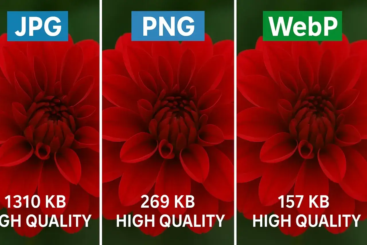 Porównanie formatów: JPG (1310 KB), PNG (269 KB) i WebP (157 KB) na przykładzie czerwonego kwiatu. WebP oferuje wysoką jakość przy najmniejszym rozmiarze.
