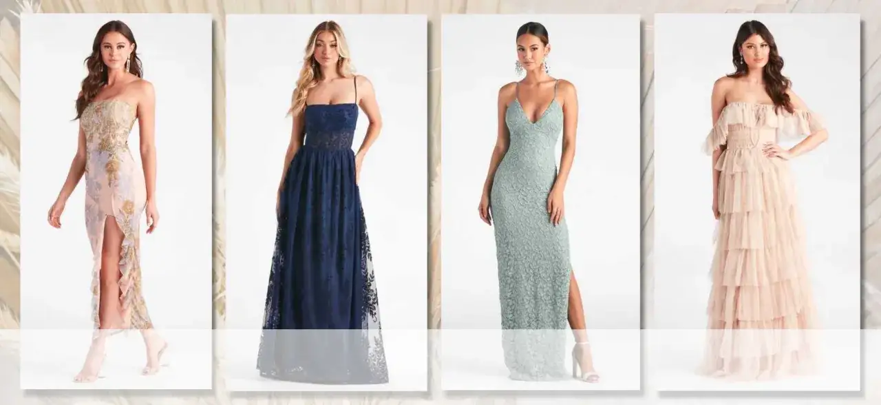 Vier Abendkleider in verschiedenen Farben und Stilen, perfekt für einen **dresscode boho hochzeit**.