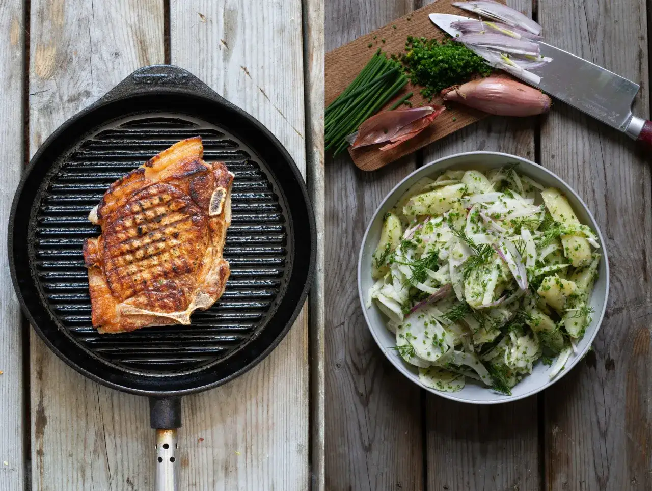Grillad kotlett p&aring; gjutj&auml;rnspanna bredvid en potatissallad med f&auml;nk&aring;l och &ouml;rter. Perfekt kotlett temperatur f&ouml;r en somrig m&aring;ltid.