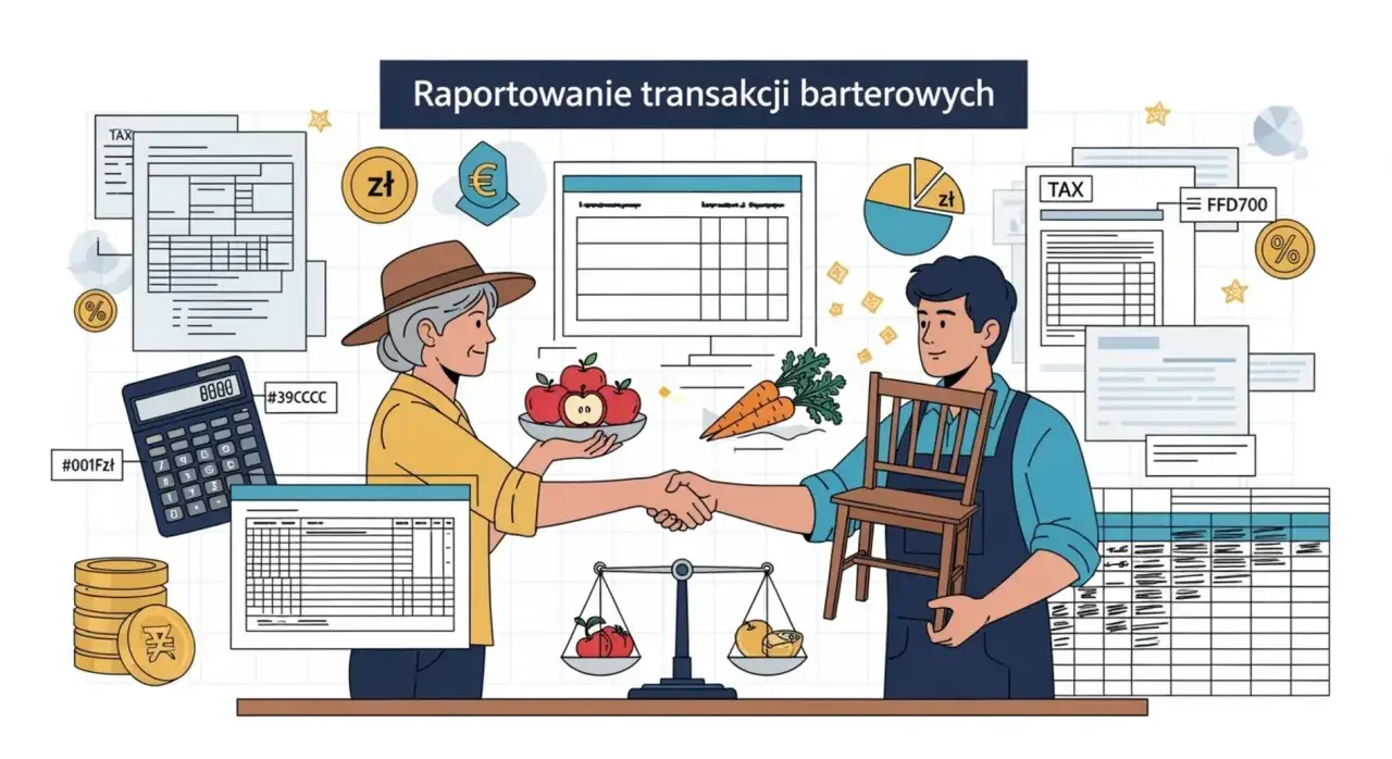 Kobieta i mężczyzna dokonują wymiany towarów, symbolizując transakcję barterową. Na wadze jabłka kontra gruszki, a w tle dokumenty i kalkulator.