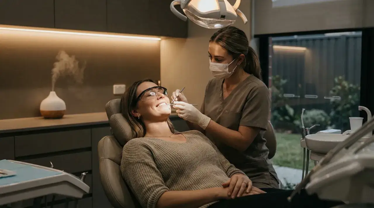 Dentystka w masce bada zęby uśmiechniętej pacjentki w nowoczesnym gabinecie.