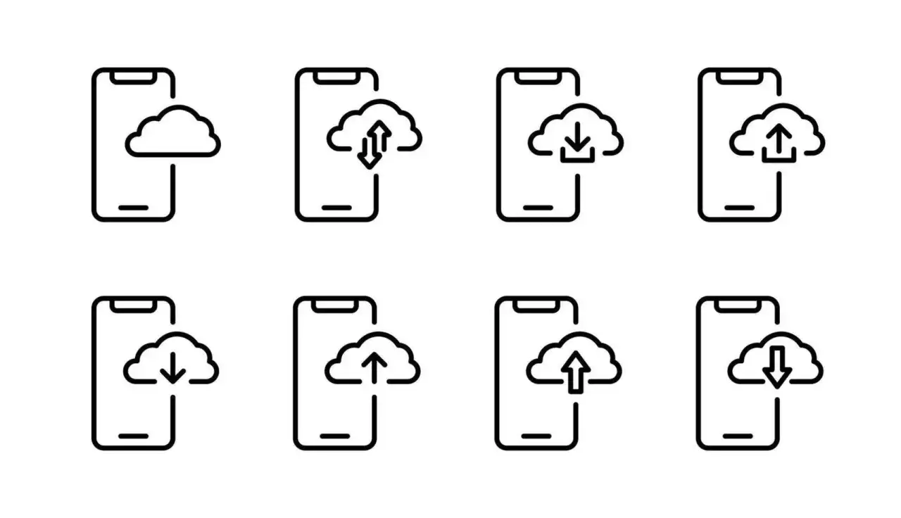 Iconos de teléfonos móviles con nubes y flechas, ilustrando cómo pasar datos de un móvil a otro mediante carga o descarga.