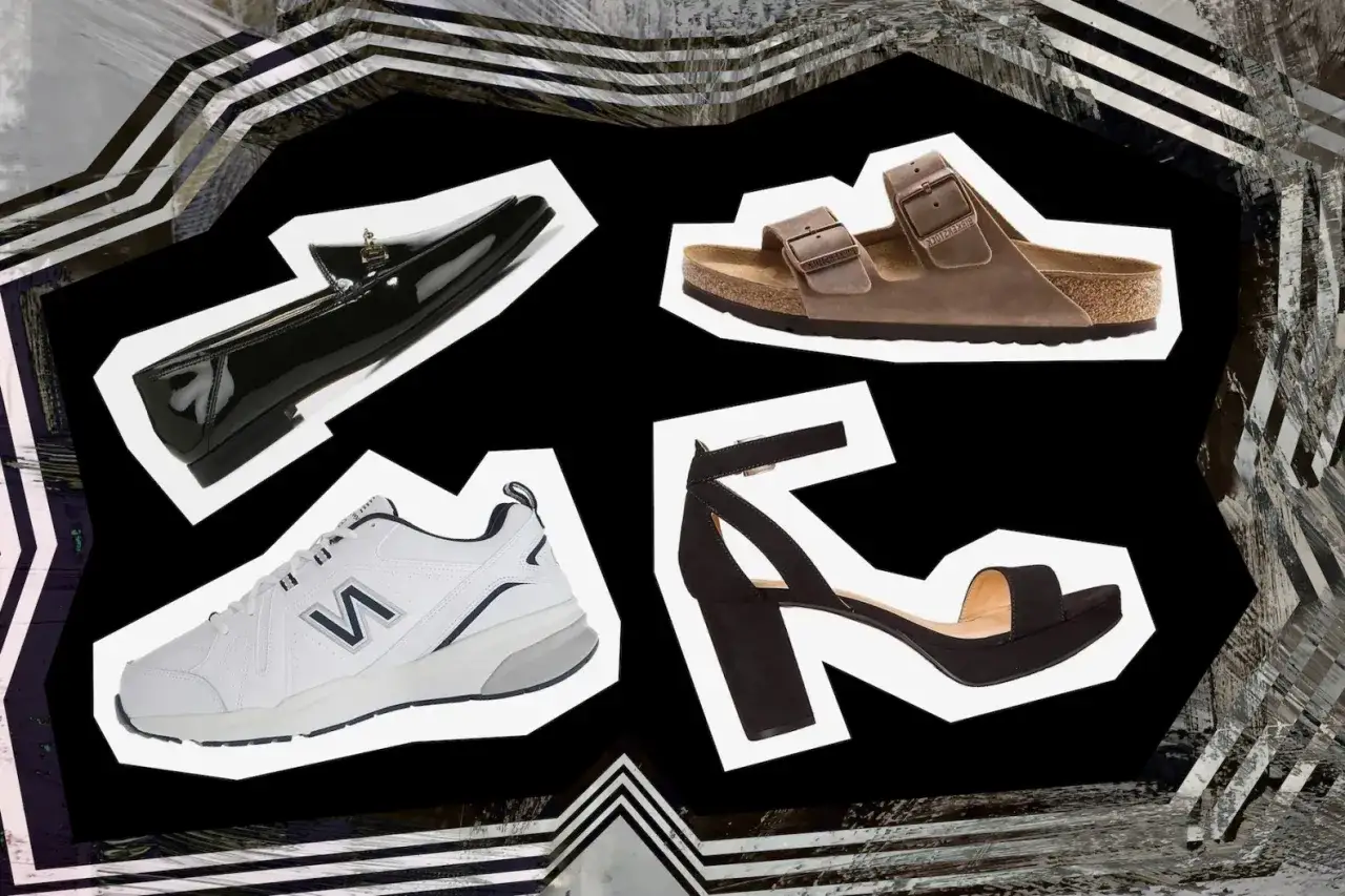 Szukasz wygodnych butów na szeroką stopę? Zobacz te propozycje: czarne lakierki, brązowe klapki Birkenstock, białe sneakersy i czarne sandałki na słupku.