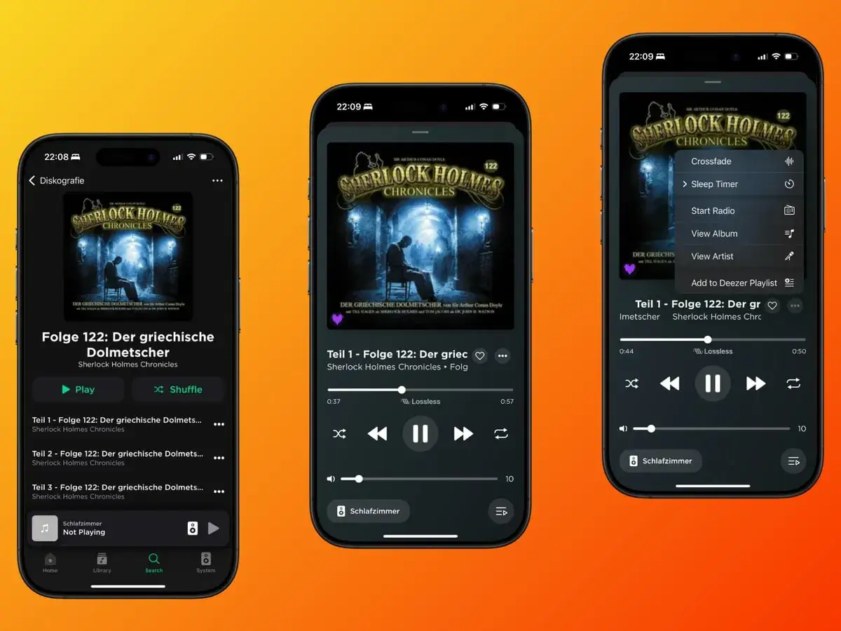 Drei iPhones zeigen die Sonos S2 App mit 
