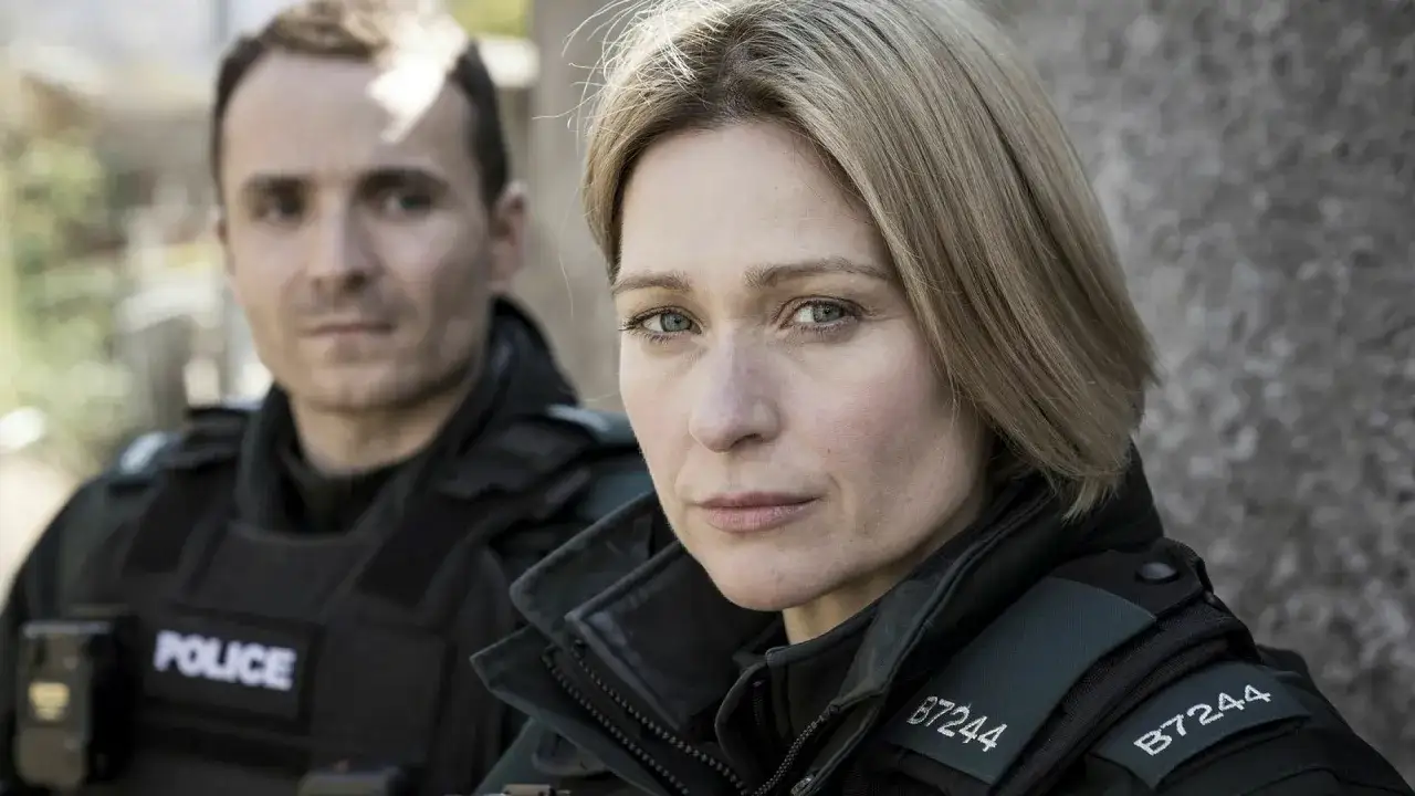 Två poliser i uniform, en kvinna i förgrunden med intensiv blick och en man i bakgrunden. Kanske är de på väg mot blåa ljus.