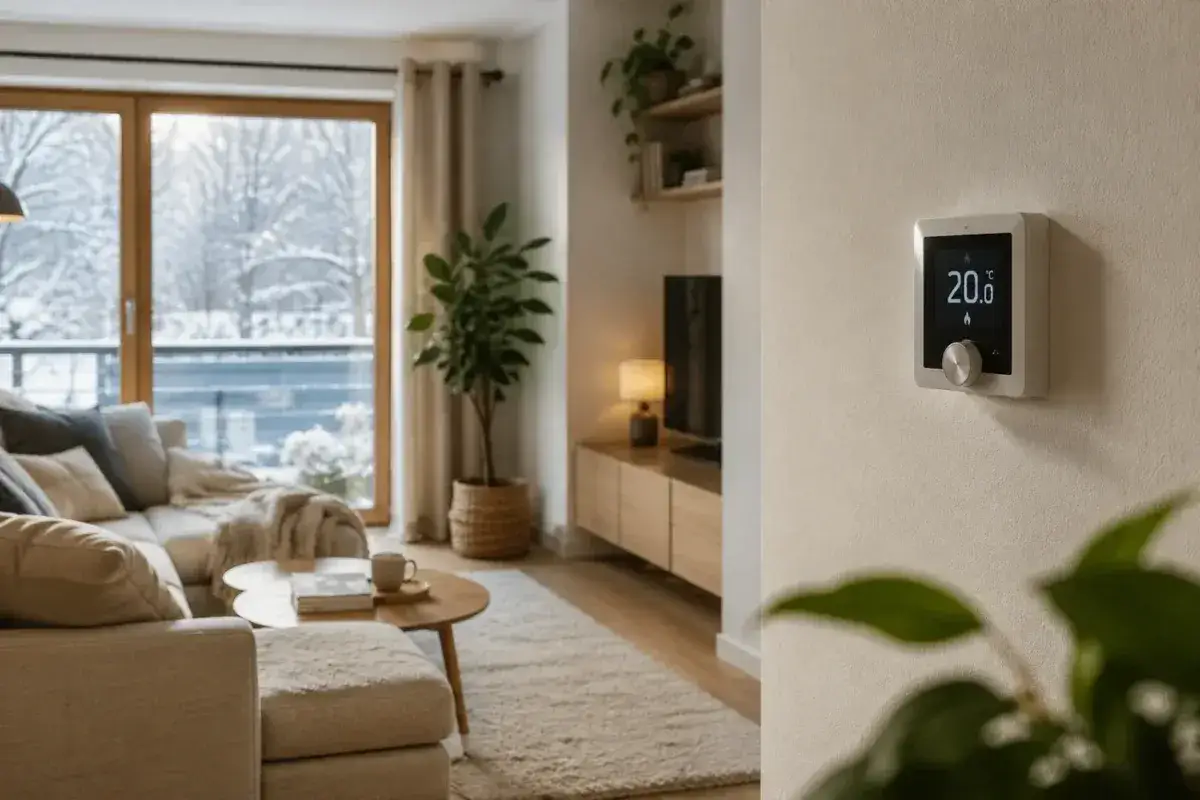 Nowoczesny termostat pokazuje 20°C, zapewniając optymalną temperaturę w domu. W tle przytulny salon z widokiem na zimowy krajobraz.