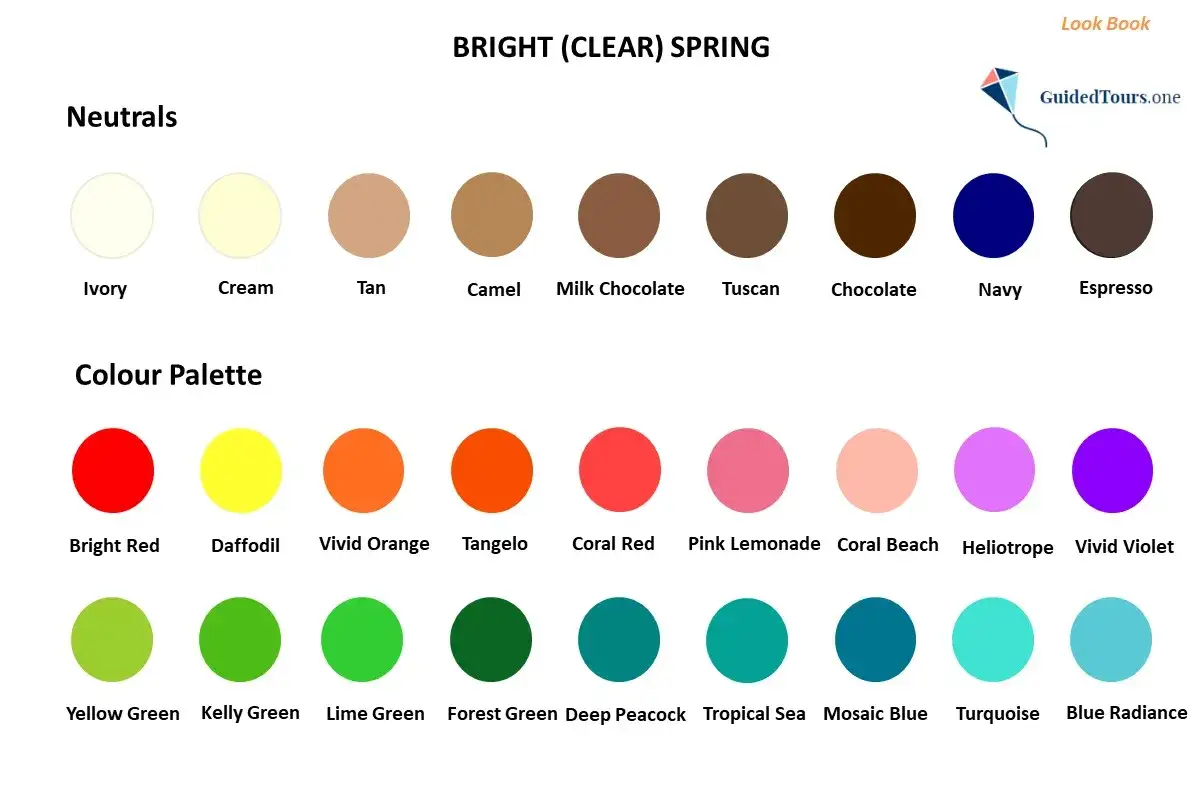 Paleta de colores para la **primavera brillante**: neutros como marfil y crema, y tonos vibrantes como rojo, amarillo, naranja, rosa, verde y azul.