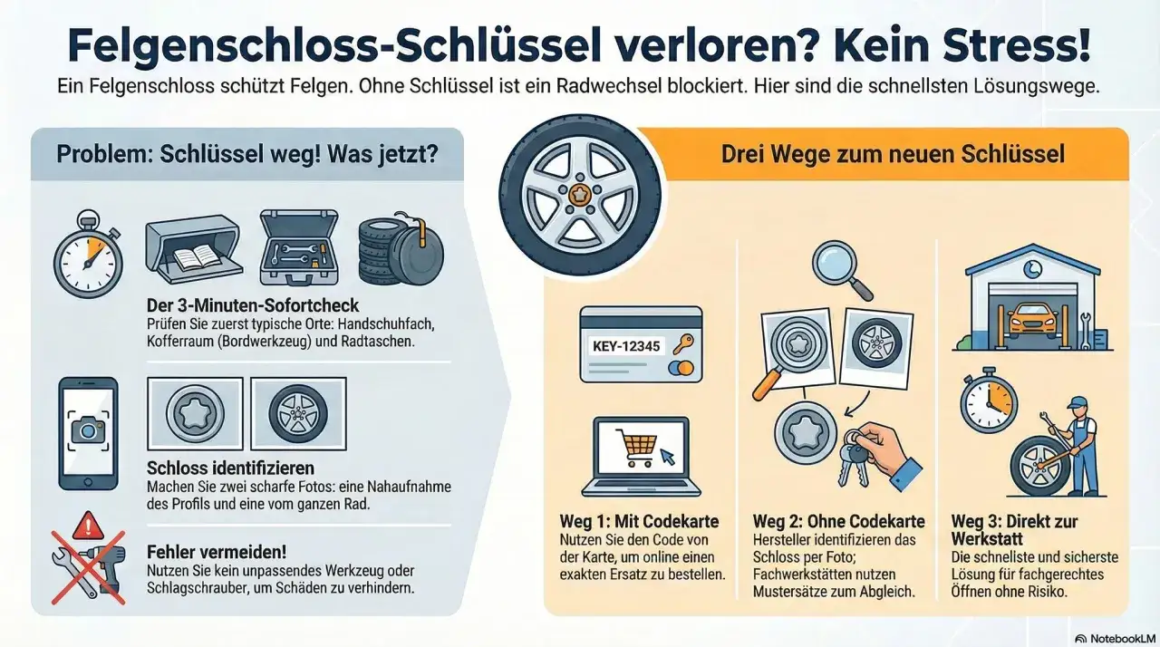 Felgenschloss-Schl&uuml;ssel verloren? Kein Stress! Infografik zeigt drei Wege zum neuen Schl&uuml;ssel: mit Codekarte, per Foto oder direkt zur Werkstatt.