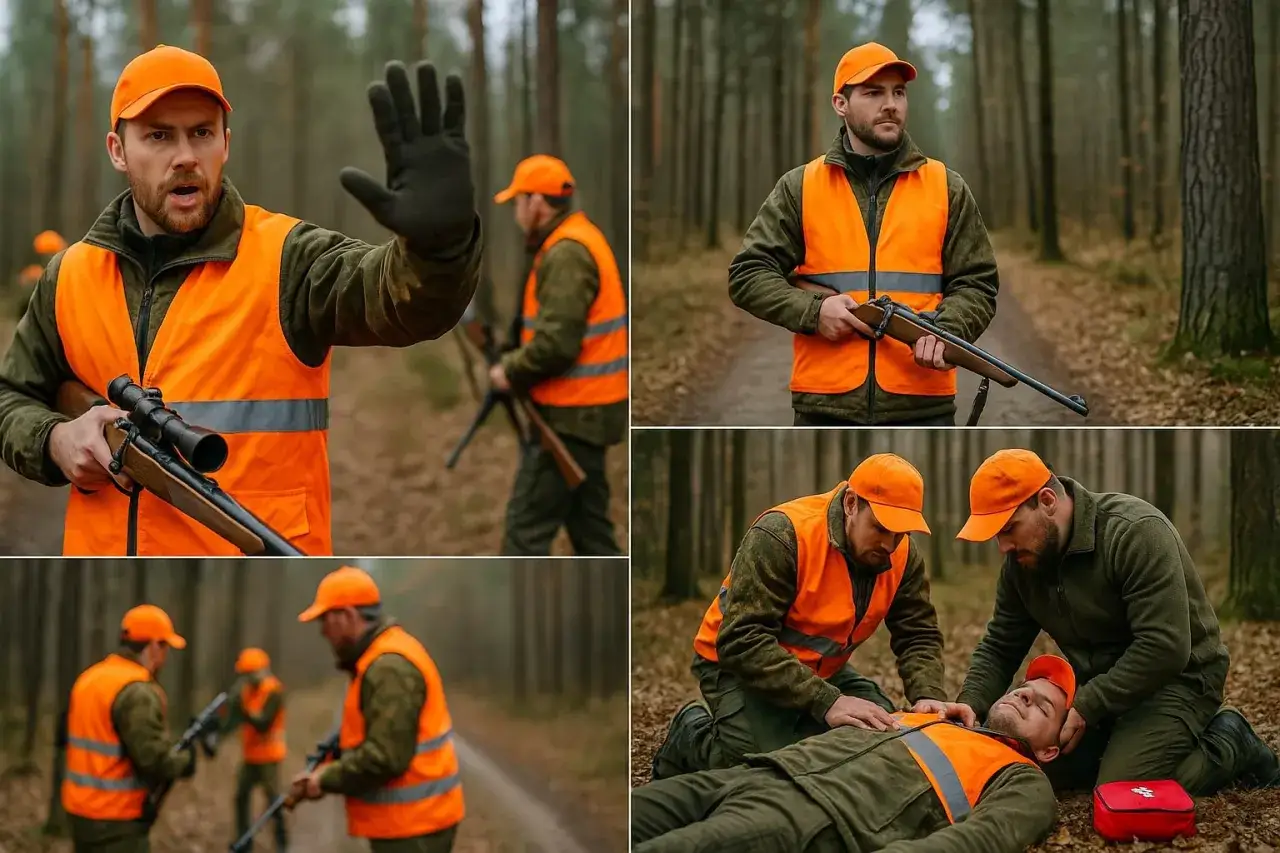 Myśliwi w pomarańczowych kamizelkach, jak powinni być ustawieni przed miotem. Jeden z nich udziela pomocy nieprzytomnemu koledze.