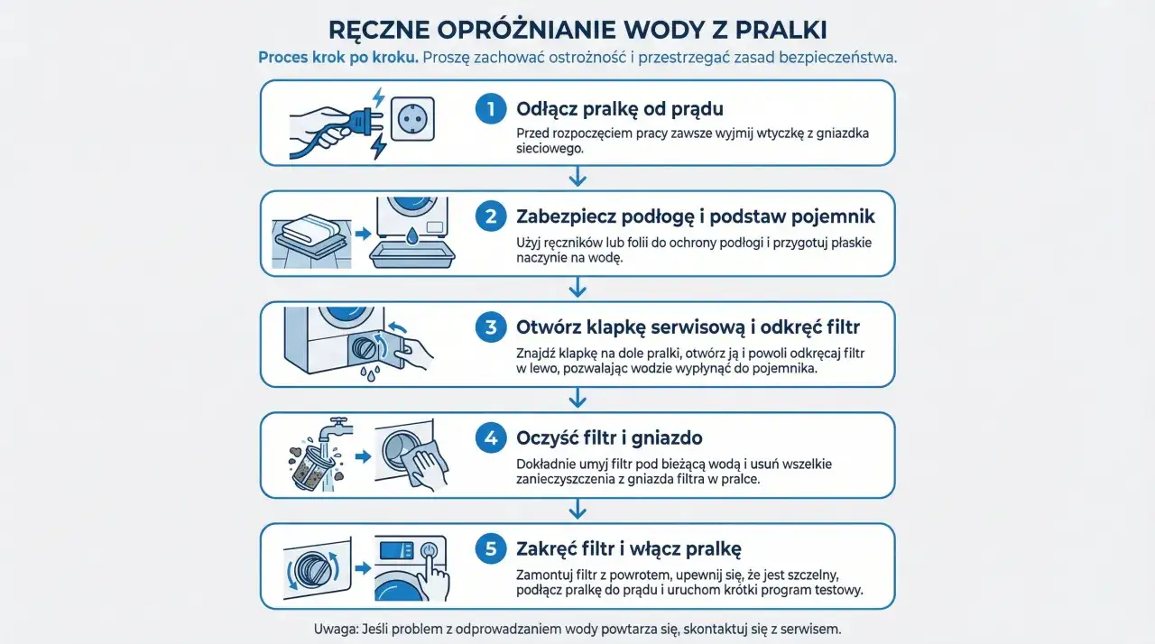 Instrukcja krok po kroku: jak wyczyścić filtr w pralce bez zalania całej łazienki wodą. Odłącz pralkę, zabezpiecz podłogę, otwórz klapkę, wyczyść filtr i zakręć.