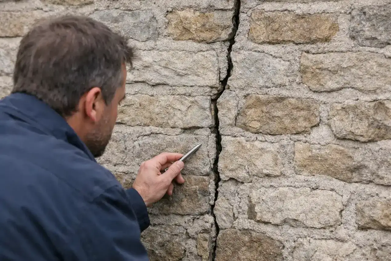 Un homme examine une fissure dans un mur de pierre, une étape clé pour savoir comment consolider un mur en pierre.